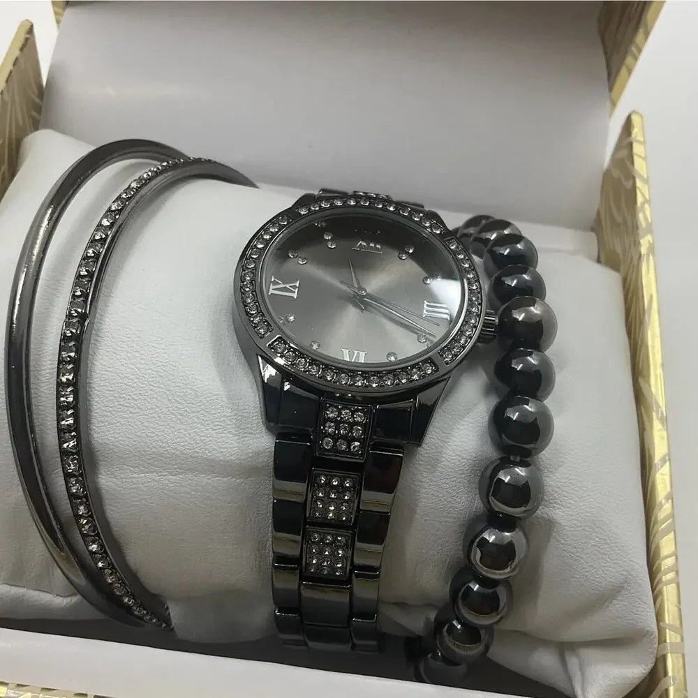 Folio Women’s Silver Tone Quartz Wrist Watch & 3 Bracelet Boxed Gift Set NEW